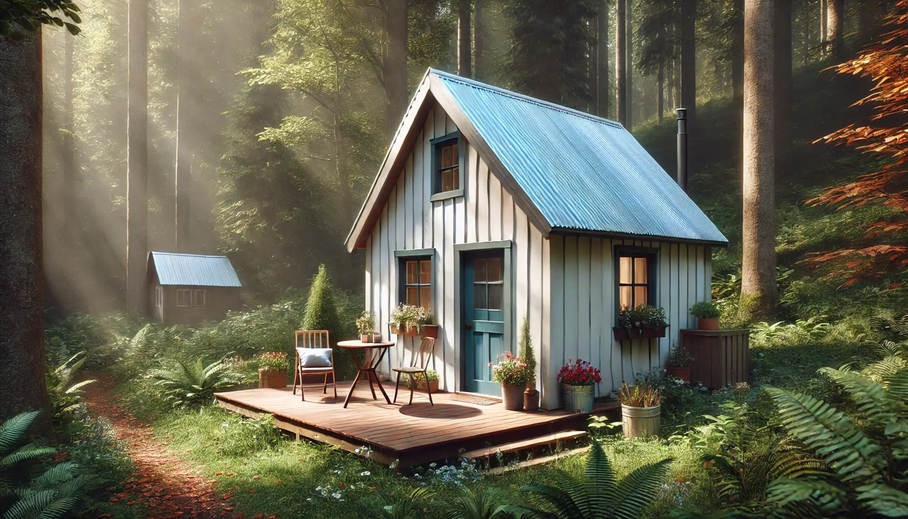 Drvena kućica u šumi s terasom i cvijećem