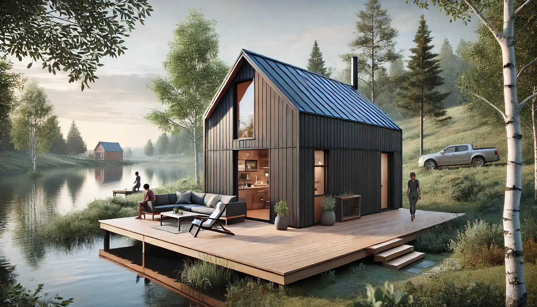 Kućica na jezeru s terasom pokraj šume