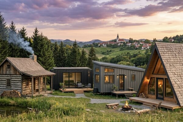 Brvnara, stambeni kontejner, kućica od lagane čelične konstrukcije i A-frame kućica u ruralnom krajoliku sa selom u pozadini