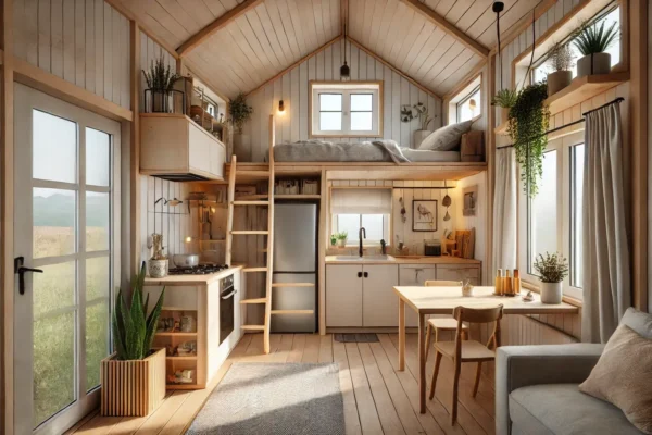 Uređeni interijer kućice koji se sastoji od dnevnog boravka, kuhinje i spavaće sobe u potkrovlju