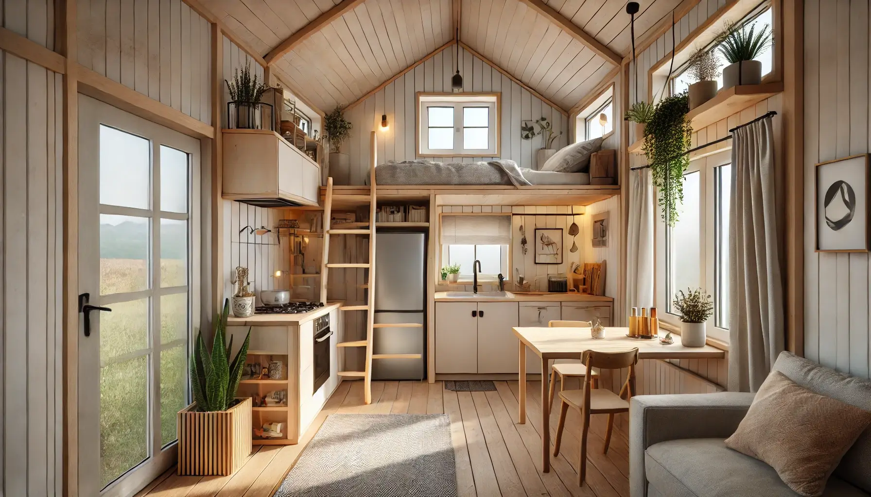 Uređeni interijer kućice koji se sastoji od dnevnog boravka, kuhinje i spavaće sobe u potkrovlju