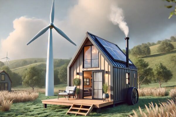 Mobilna kućica u prirodi sa solarnim pločama i vjetroturbinom te uređenom terasom.