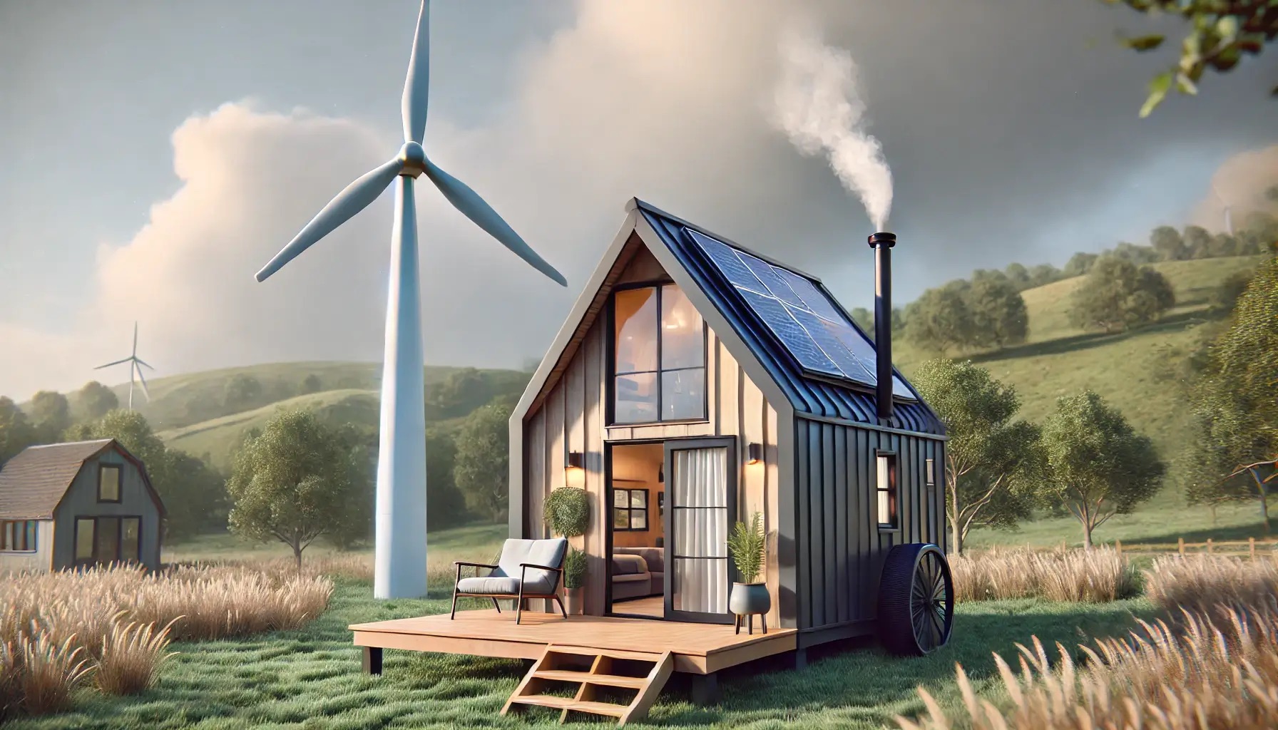 Mobilna kućica u prirodi sa solarnim pločama i vjetroturbinom te uređenom terasom.