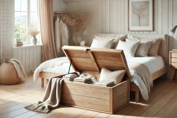 Spavaća soba u svijetlim bojama i dekoracijama s krevetom ispred kojeg se nalazi drvena klupa s unutarnjim prostorom za pohranu u kojem se nalazi posteljina