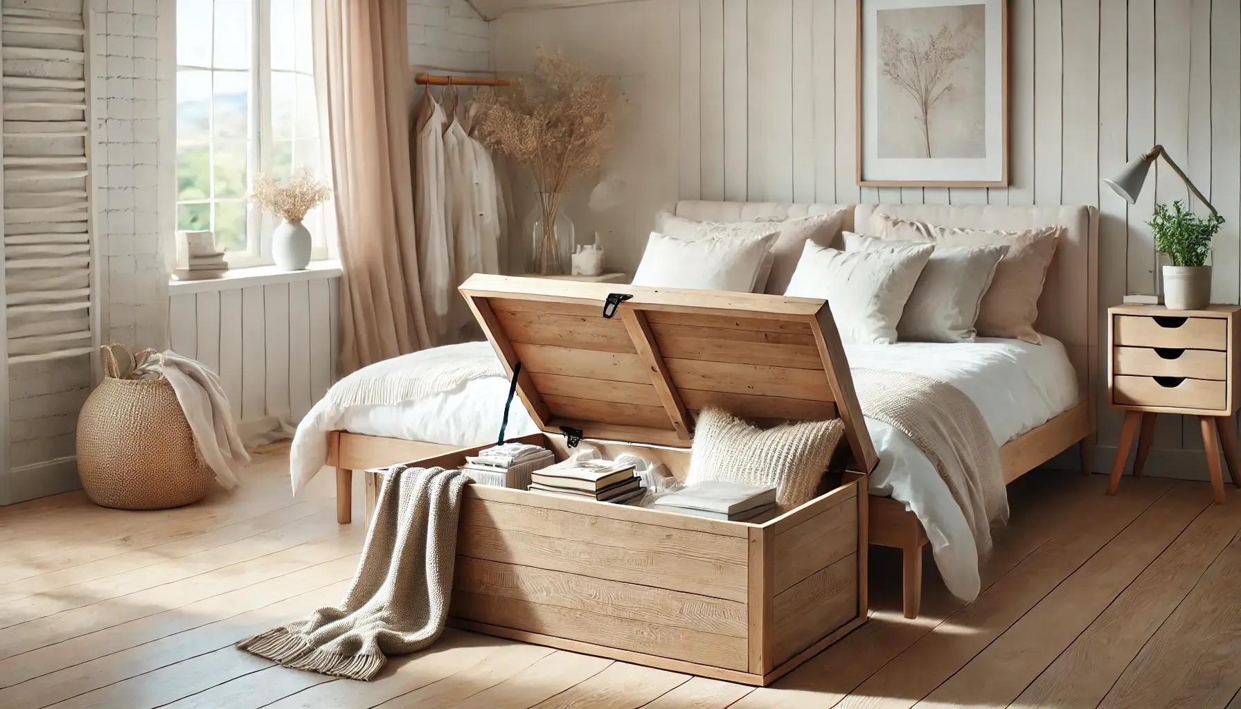 Spavaća soba u svijetlim bojama i dekoracijama s krevetom ispred kojeg se nalazi drvena klupa s unutarnjim prostorom za pohranu u kojem se nalazi posteljina