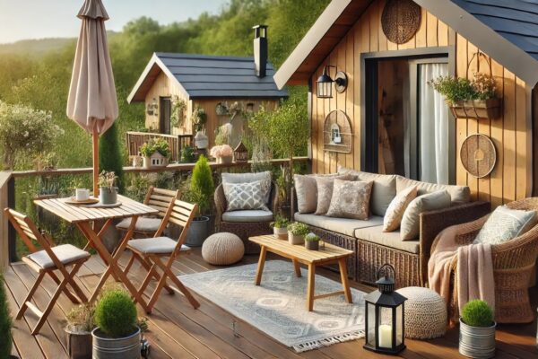 Drvena kućica u prirodi s uređenom terasom i vanjskim prostorom