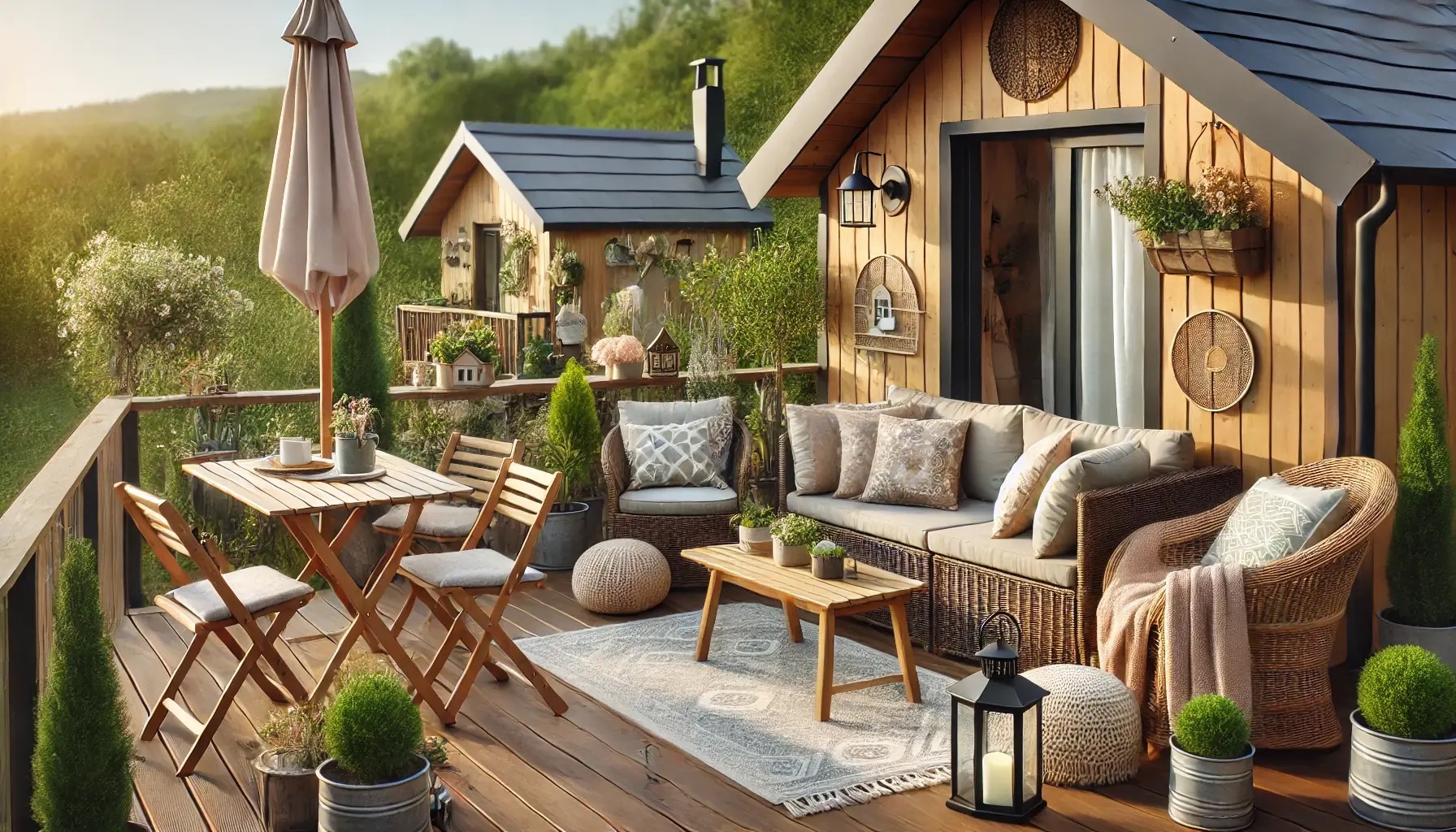 Drvena kućica u prirodi s uređenom terasom i vanjskim prostorom