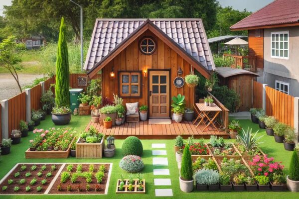 Drvena vrtna kućica s malom terasom smještena u dvorište i okružena cvijećem i povrćem.