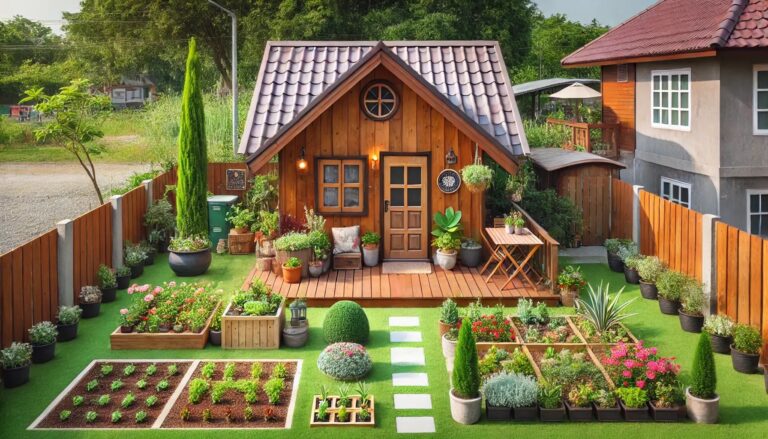 Drvena vrtna kućica s malom terasom smještena u dvorište i okružena cvijećem i povrćem.