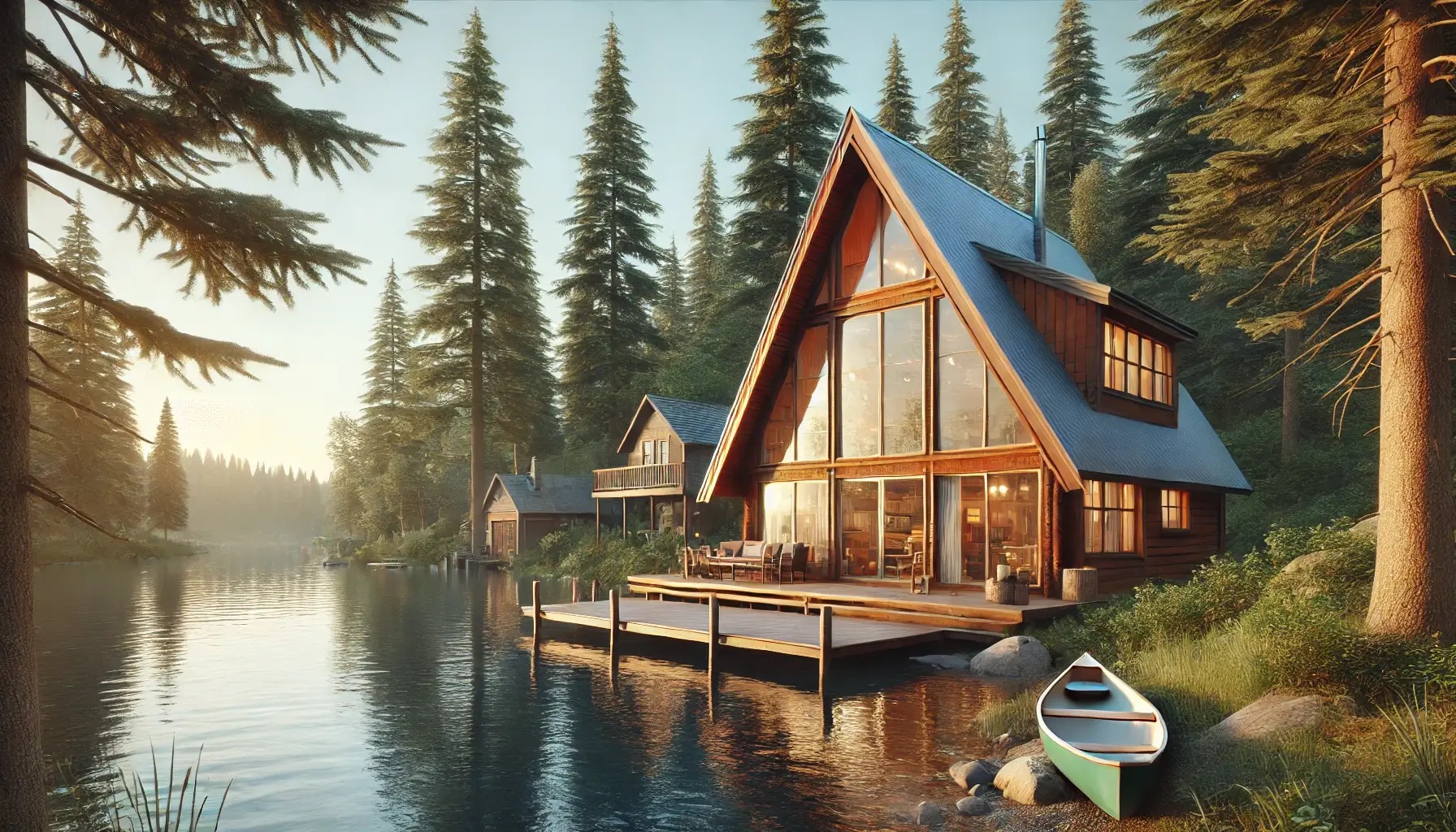 A-frame kućica s terasom u prirodi pokraj jezera okružena borovima