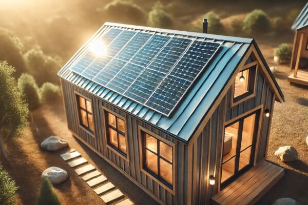 Kućica u prirodi sa solarnim panelima koji pretvaraju sunčevu energiju u električnu energiju