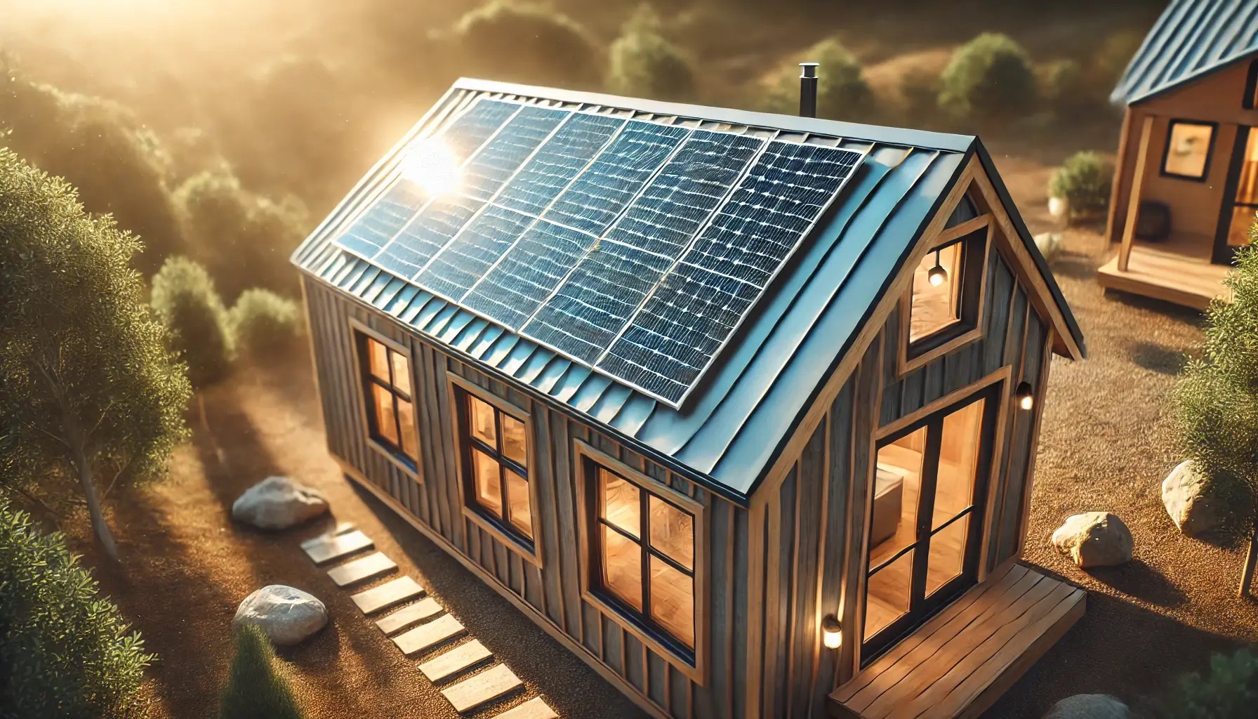 Kućica u prirodi sa solarnim panelima koji pretvaraju sunčevu energiju u električnu energiju