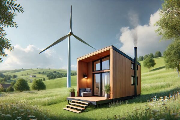 Kućica na prostranoj livadi pokraj koje se nalazi vjetroturbina za proizvodnju električne energije snagom vjetra