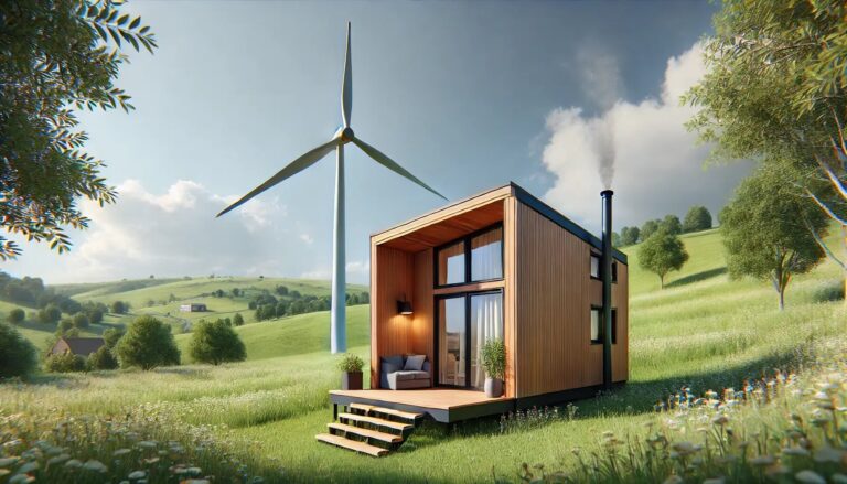 Kućica na prostranoj livadi pokraj koje se nalazi vjetroturbina za proizvodnju električne energije snagom vjetra