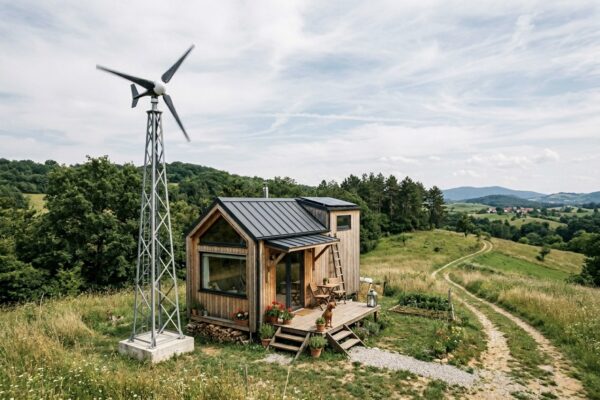 Vjetroturbina pokraj drvene kućice na zelenom brežuljku s pogledom na selo u dolini