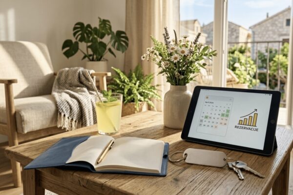 Tablet s kalendarom i natpisom rezervacije, ključ apartmana, rokovnik i limunada na drvenom stolu u svijetloj sobi