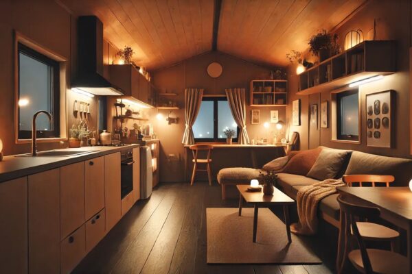 Unutrašnjost mobilne kućice po noći s upaljenim svjetlima koji osvjetljavaju kuhinju i dnevni boravak