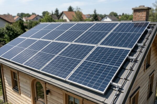 Solarni paneli u krupnom planu na krovu moderne drvene modularne kućice na sunčan dan