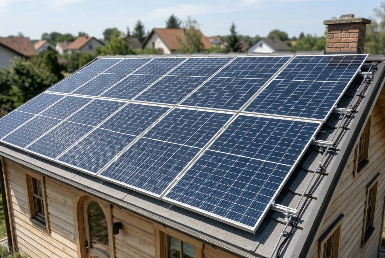 Solarni paneli u krupnom planu na krovu moderne drvene modularne kućice na sunčan dan