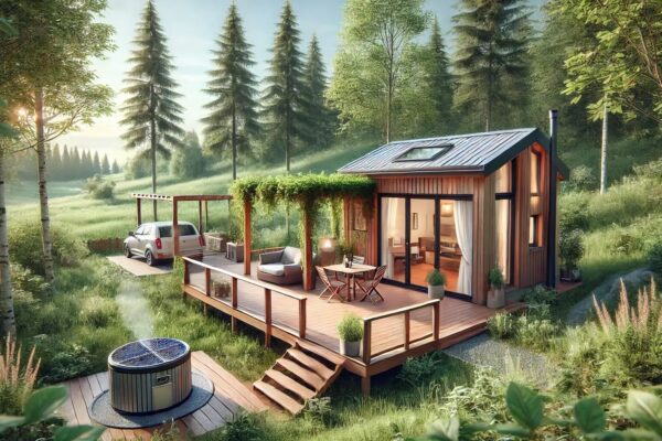 Kućica u šumi s uređenom terasom, pergolom i vrućom kupelji.