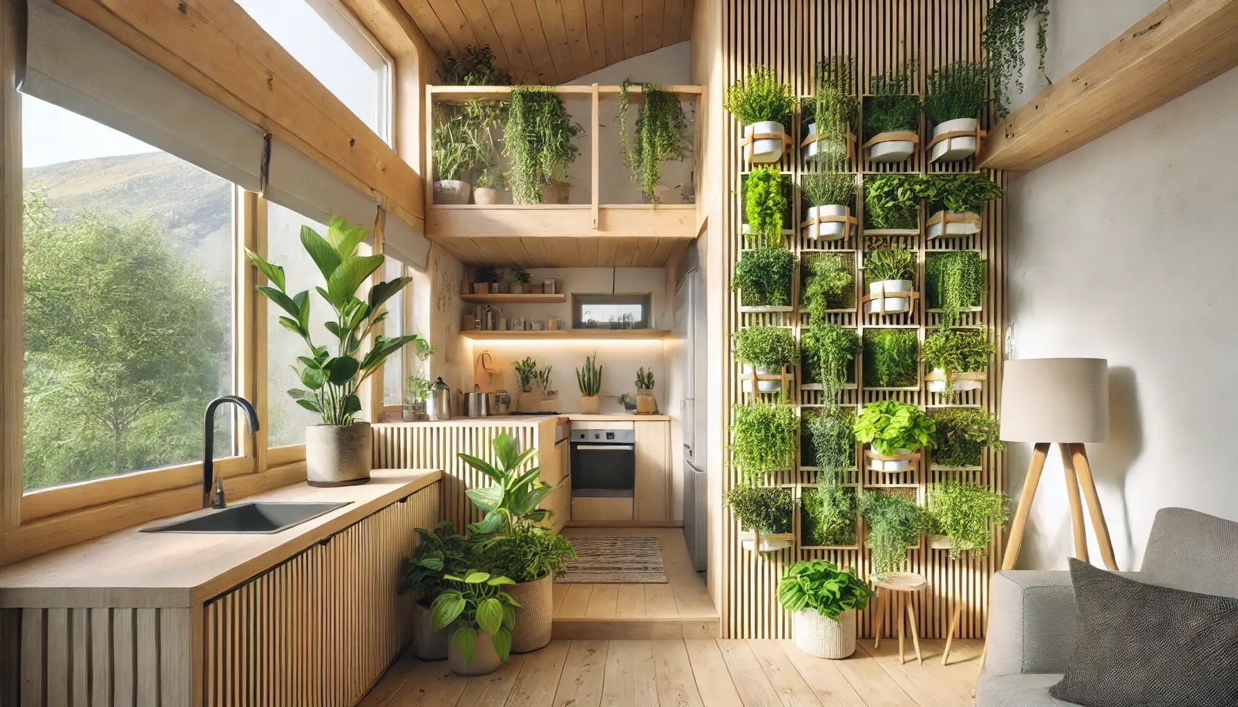 Kuhinja u drvenoj kućici s vertikalnim vrtom od začinskog bilja