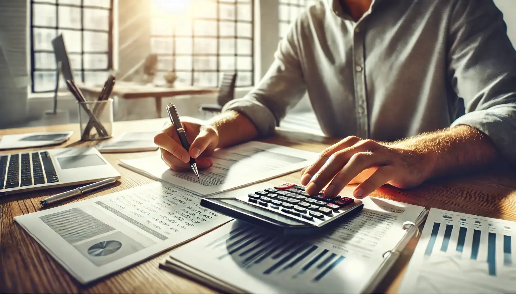 Muškarac sjedi za stolom i računa troškove na kalkulatoru i ostavlja bilješke na dokumentu