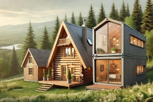 Dvije brvnare i jedna kućica od lake čelične konstrukcije na livadi pokraj šume i prekrasnim pogledom na okolni pejzaž