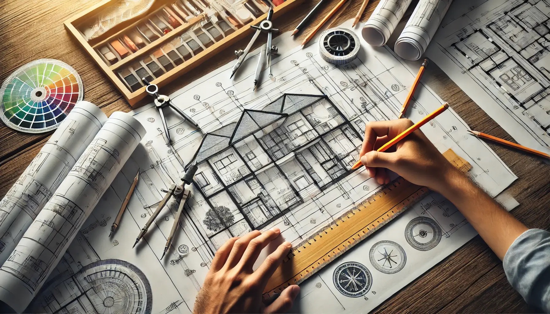 Radna površina arhitekta s planovima kućice. Na sredini su tehnički crteži koji prikazuju presjek i izgled kućice. Ruke drže olovku i ravnalo, dok precizno rade na detaljima crteža. Na stolu se nalaze alati poput šestara, kutomjera i skalpela, uz kutiju s raznim priborom za crtanje te paleta boja. Sve je organizirano i osvijetljeno toplim svjetlom, što stvara atmosferu kreativnog rada na arhitektonskom projektu.