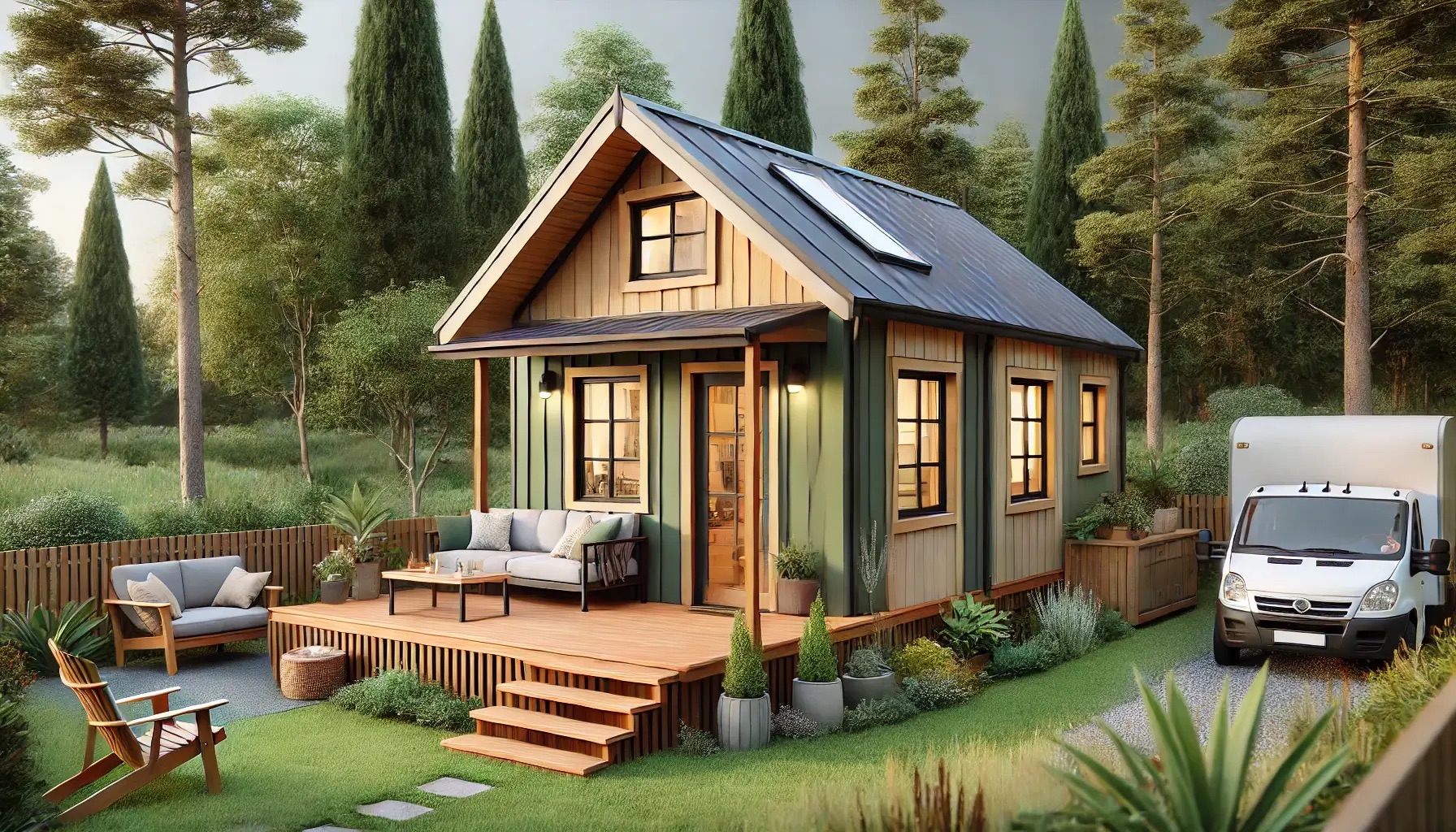 Drvena kućica s uređenom terasom i zelenilom na osami u šumi