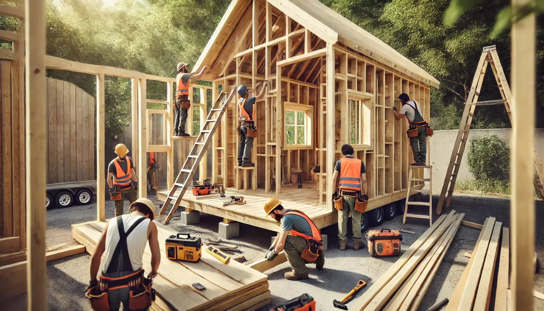 Građevinski radnici montiraju konstrukciju drvene kućice na zemljištu klijenta