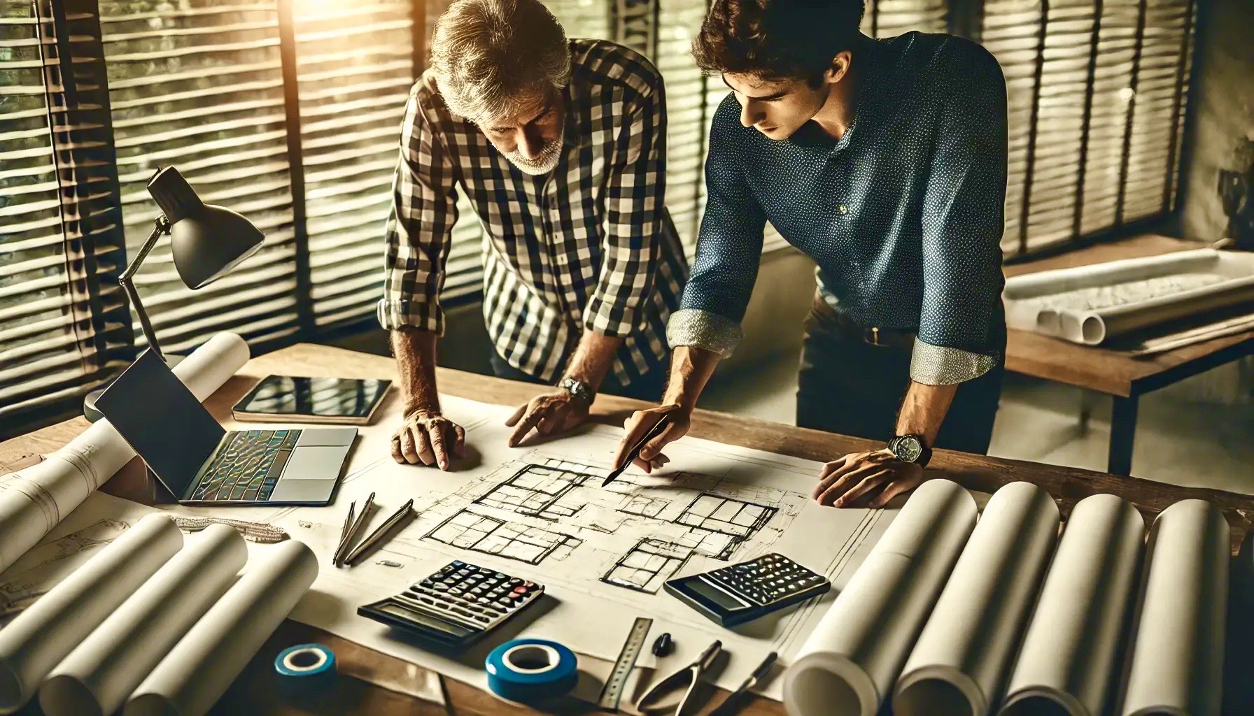 Klijent i arhitekt raspravljaju o arhitektonskom nacrtu za projekt izgradnje kućice i analiziraju ukupne troškove gradnje