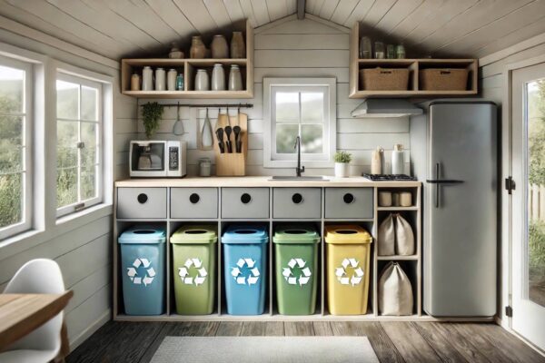 Moderna kuhinja u kućici opremljena kantama za različite vrste otpada, uključujući biootpad, papir, plastiku, staklo i miješani otpad