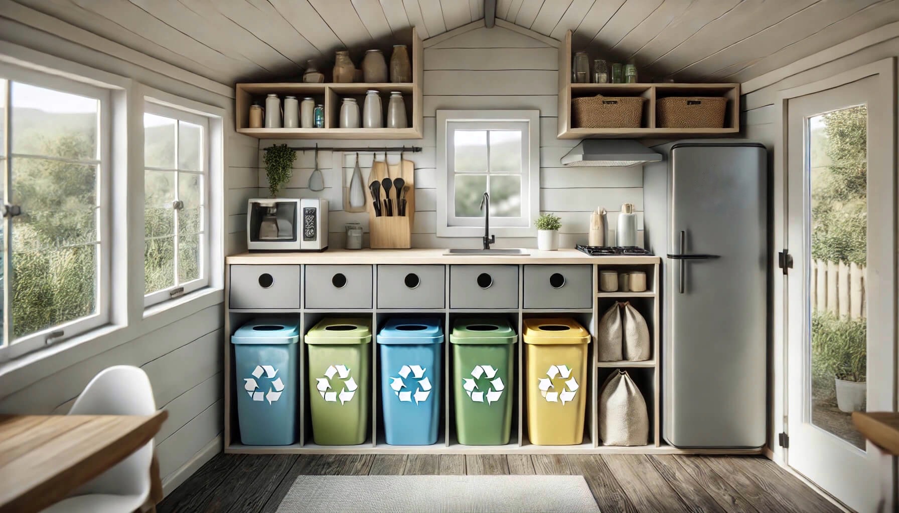 Moderna kuhinja u kućici opremljena kantama za različite vrste otpada, uključujući biootpad, papir, plastiku, staklo i miješani otpad