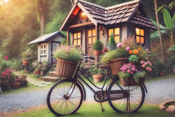 Stari bicikil ispred drvene kućice u prirodi prenamijenjen u stalak za cvijeće