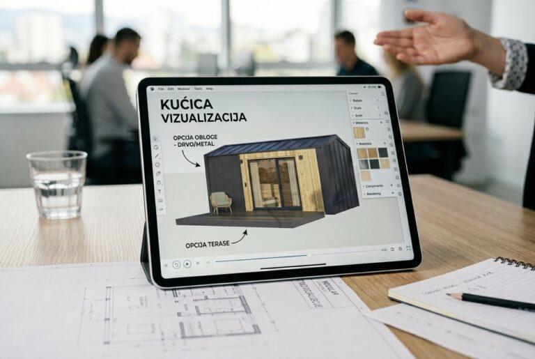 Tablet na stolu u uredu prikazuje 3D vizualizaciju moderne modularne kućice s opcijama za obloge i terasu