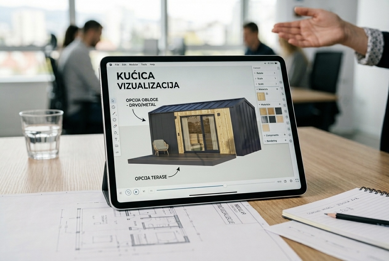 Tablet na stolu u uredu prikazuje 3D vizualizaciju moderne modularne kućice s opcijama za obloge i terasu