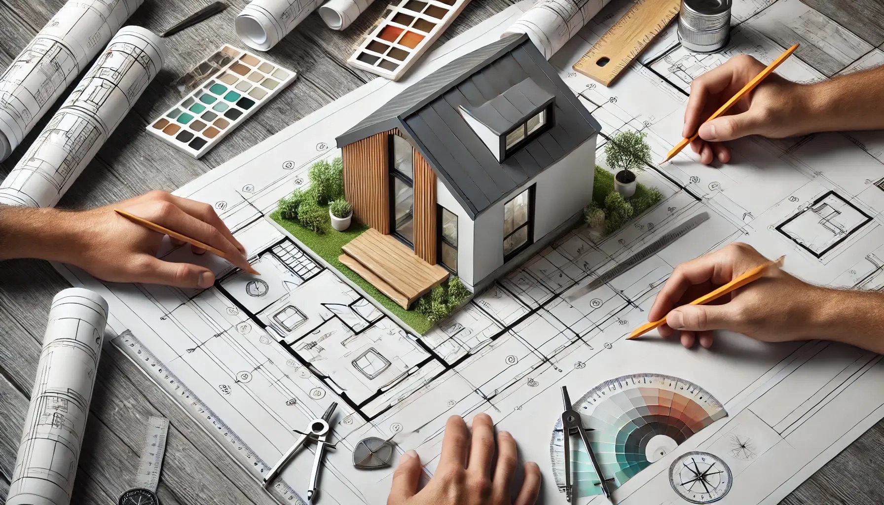 Arhitektonski nacrt male kuće, s realističnim 3D modelom kućice smještenim na sredini plana. Oko njega su ruke arhitekata i dizajnera koji crtaju i dorađuju planove pomoću olovaka i tehničkih alata. Tu su i različiti arhitektonski alati poput šestara, ravnala, bojnih paleta i smotanih nacrta. Cijela scena djeluje profesionalno, kao da se radi na detaljnom projektu moderne male kuće, za tiny house koncept.