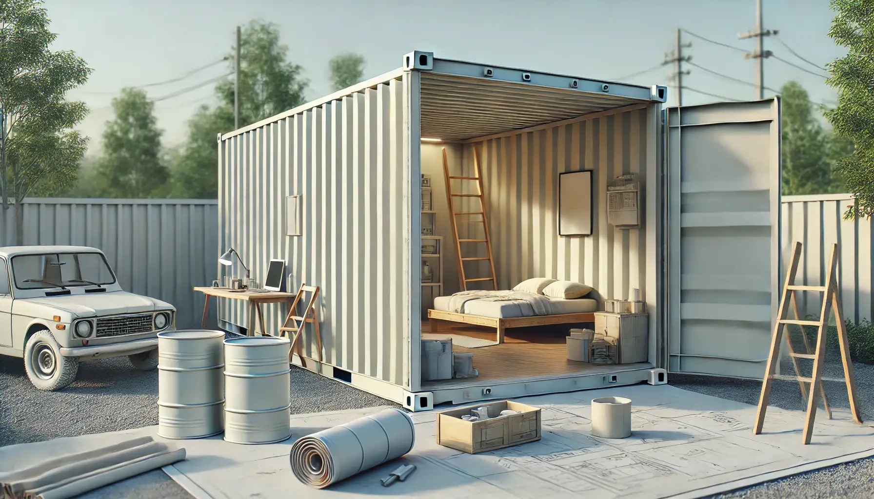 Stambeni kontejner u procesu izgradnje, s unutrašnjim uređenjem i radnim alatom oko njega