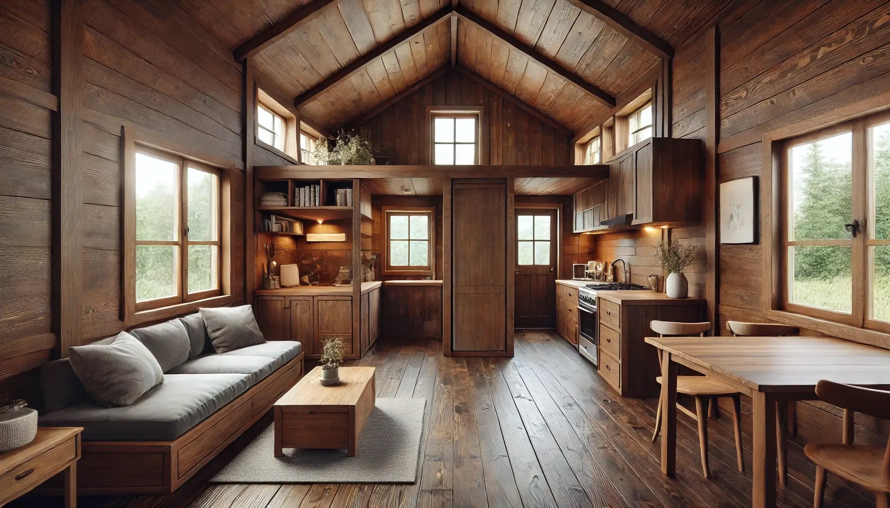 Interijer drvene kućice s toplim, rustikalnim dizajnom. Dominira prirodno drvo u svim elementima – zidovima, stropu, podu i namještaju. Prostor je otvorenog tipa, s kuhinjom, blagovaonicom i dnevnim boravkom u jednoj cjelini.