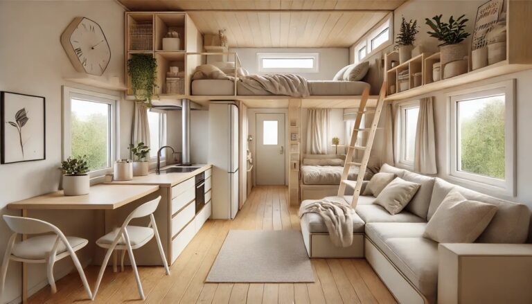 Predivno uređena mala kuća s toplim, prirodnim tonovima i pametno iskorištenim prostorom. U središtu su kuhinja, blagovaonski kutak i dnevni boravak s udobnim kaučem, dok su kreveti smješteni na dva nivoa kako bi se maksimalno iskoristio prostor. Veliki prozori unose puno prirodnog svjetla, a police s biljkama i dekoracijama daju domu toplinu i osobnost.