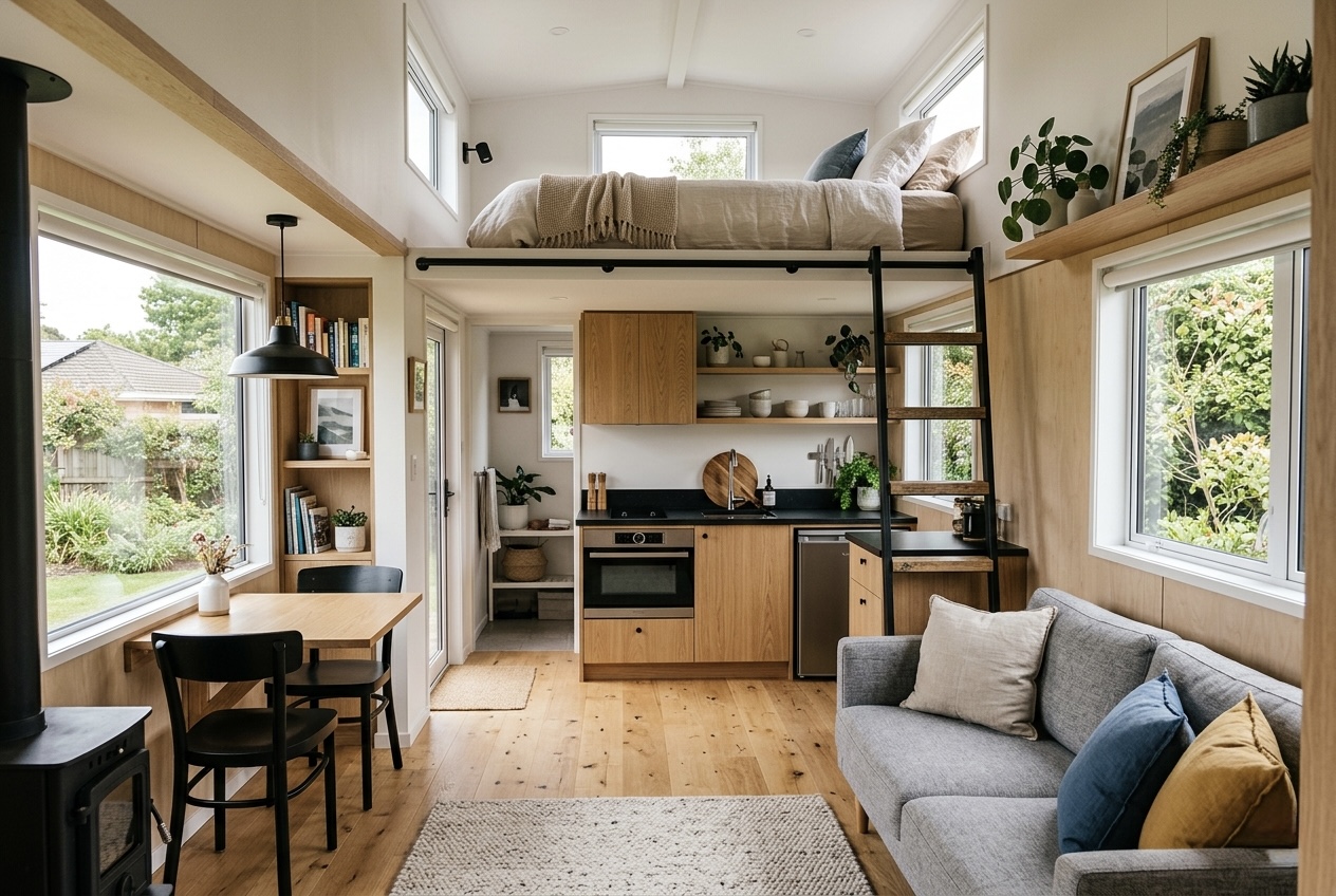 Unutrašnjost moderne tiny house kućice s dnevnim boravkom, kuhinjom i galerijom za spavanje