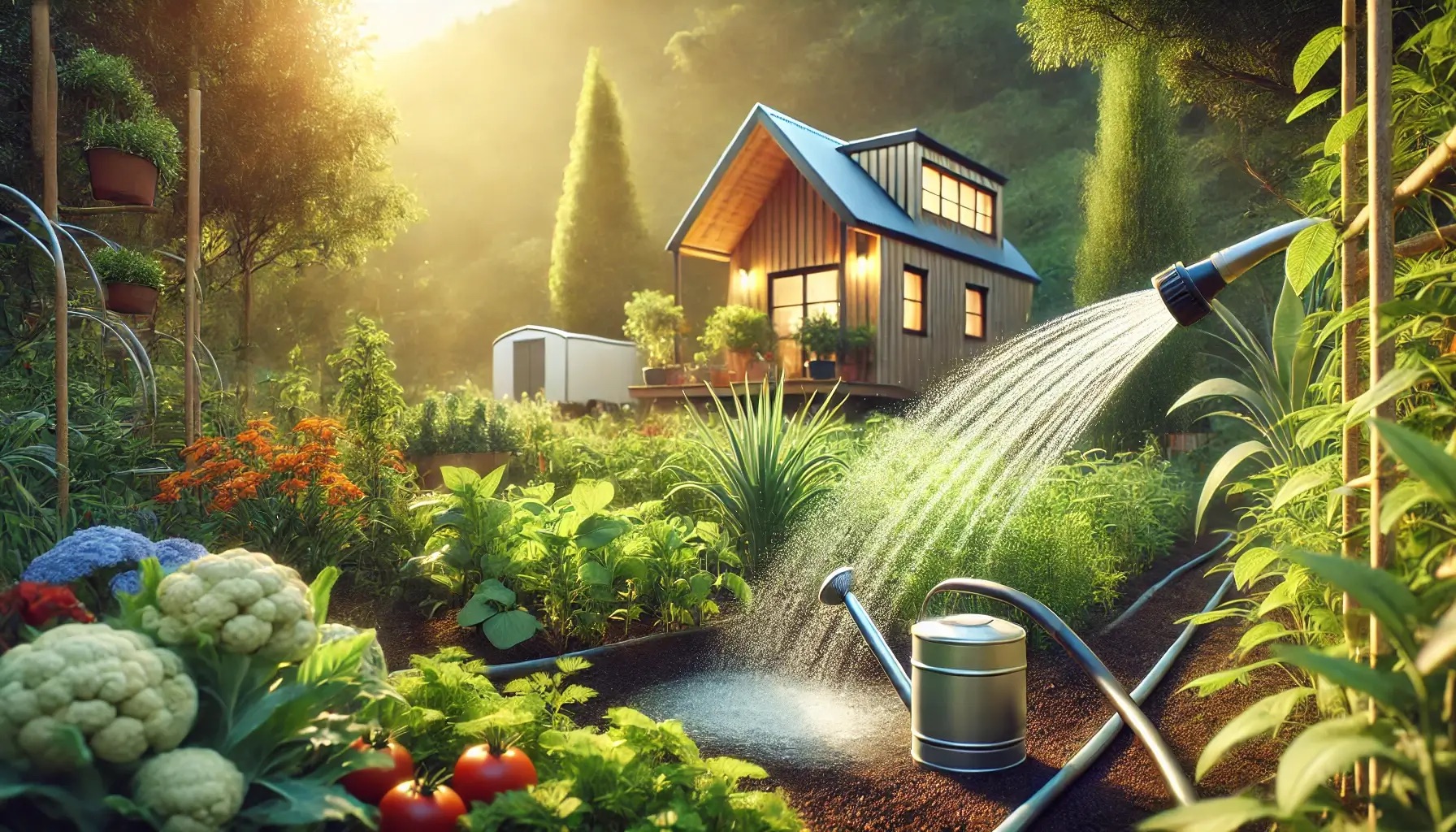 Drvene kućica smještena u zelenom, šumovitom okruženju. U prvom planu nalazi se bujan vrt pun raznog povrća i biljaka, uključujući rajčice, cvjetaču i razno lisnato zelenilo. Vrt je uredno organiziran s gredicama, potpornjima za biljke i sustavom navodnjavanja. Voda teče iz crijeva koje zalijeva biljke, a pokraj njega stoji metalna zalijevka. Sunčeva svjetlost probija se kroz drveće, dajući slici toplu, prirodnu atmosferu. U pozadini se vidi mala bijela spremišna kućica ili staklenik.