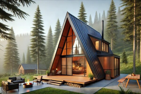 Moderna A-frame kućica u šumi s velikim prozorima, terasom i vanjskim prostorom za sjedenje uz vatru