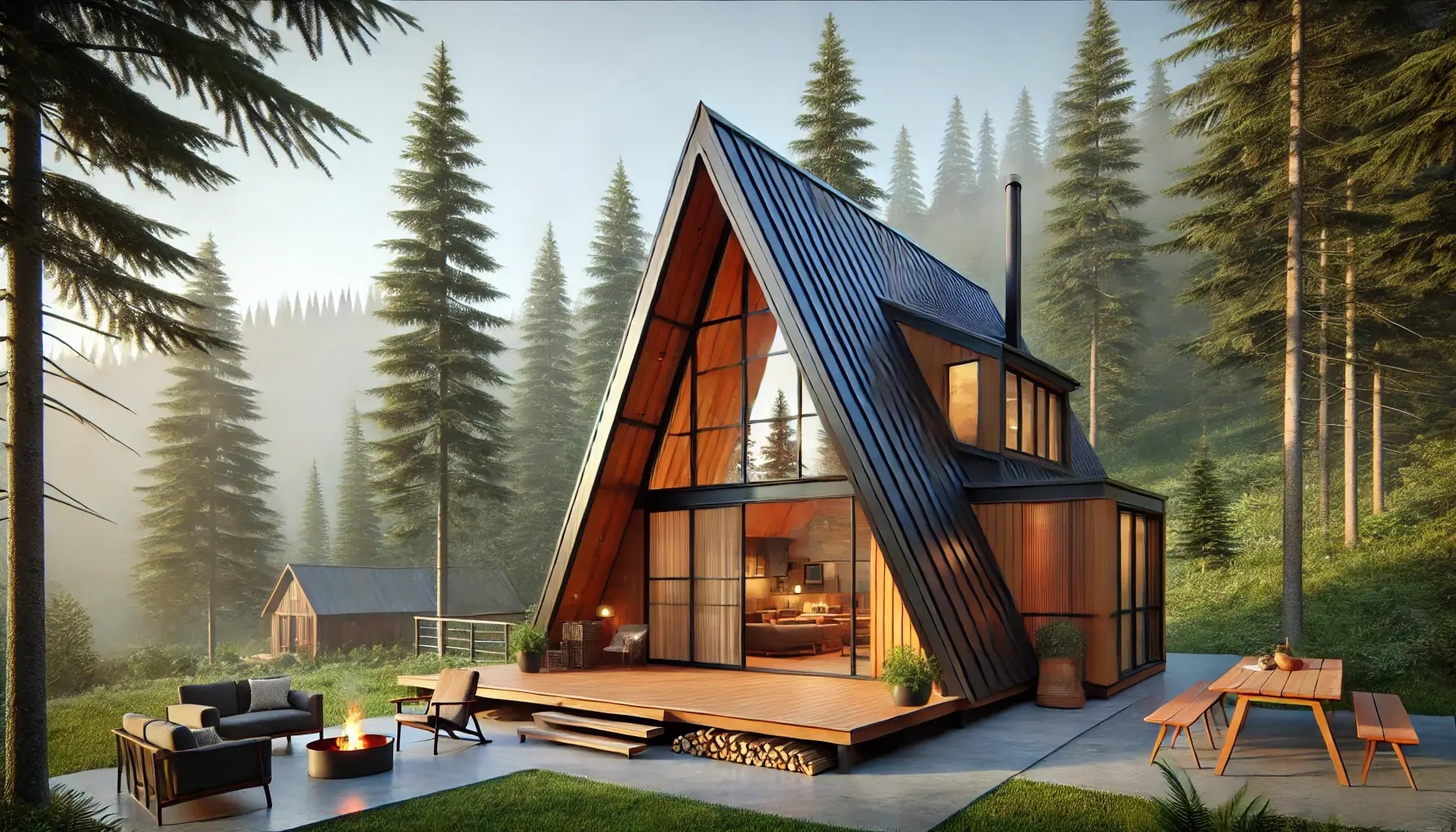 Moderna A-frame kućica u šumi s velikim prozorima, terasom i vanjskim prostorom za sjedenje uz vatru