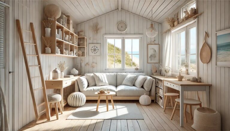 Svijetao interijer male kućice u priobalnom stilu s drvenim namještajem, bijelim zidovima i prirodnim dekorom