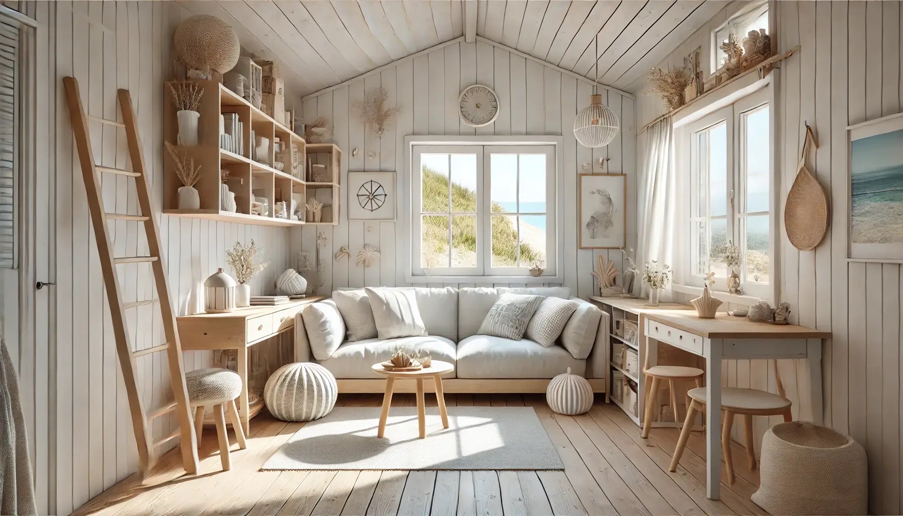Svijetao interijer male kućice u priobalnom stilu s drvenim namještajem, bijelim zidovima i prirodnim dekorom
