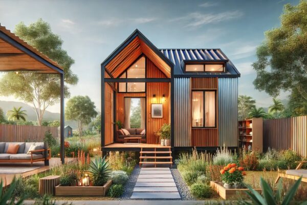 Moderna kućica s drvenim i metalnim fasadama, uređenom okućnicom i vanjskom lounge zonom