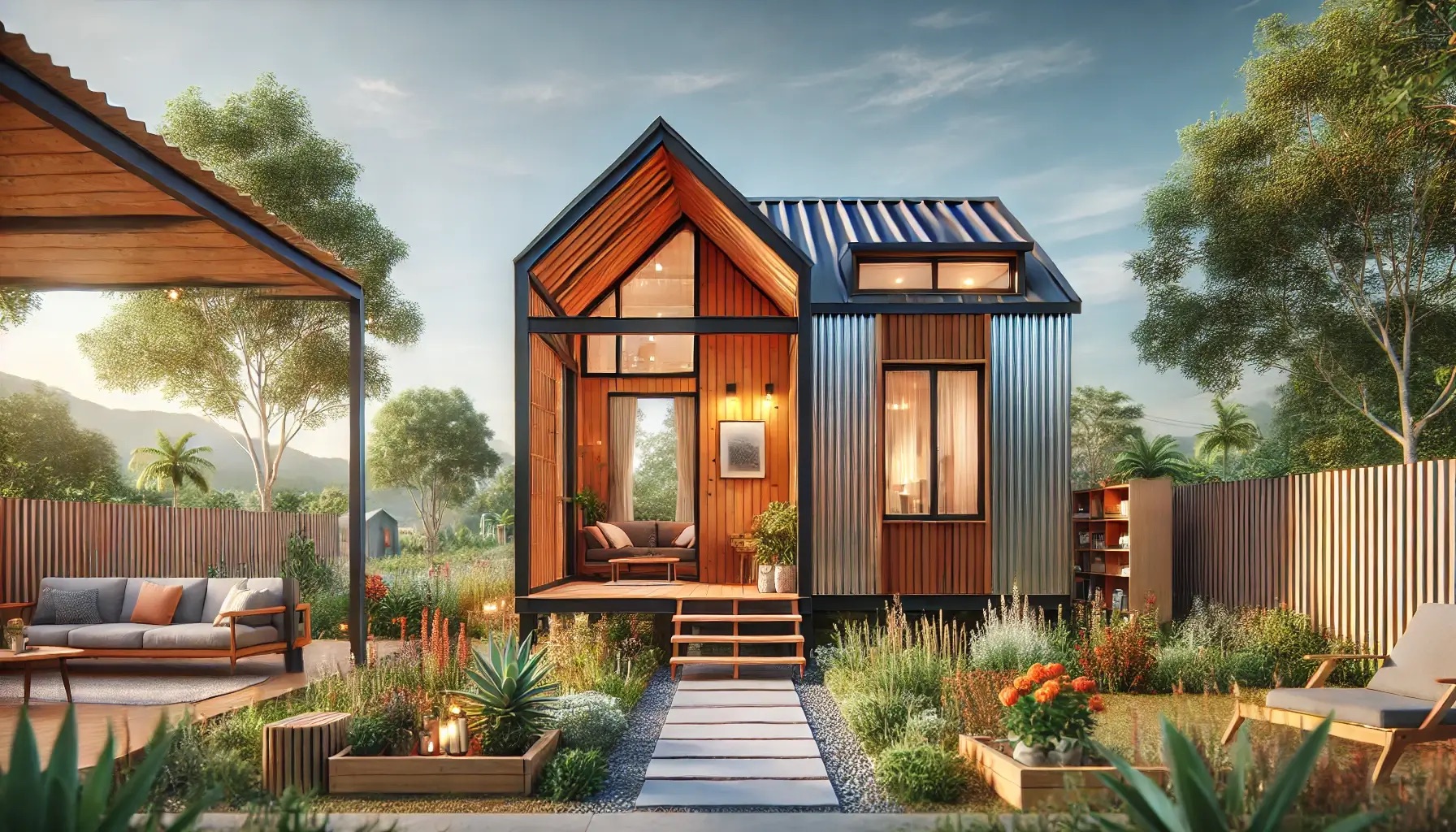 Moderna kućica s drvenim i metalnim fasadama, uređenom okućnicom i vanjskom lounge zonom