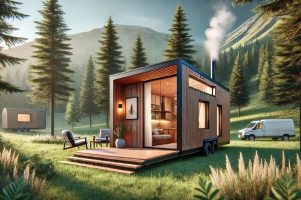 Moderna mobilna kućica na kotačima s terasom u planinskom okruženju