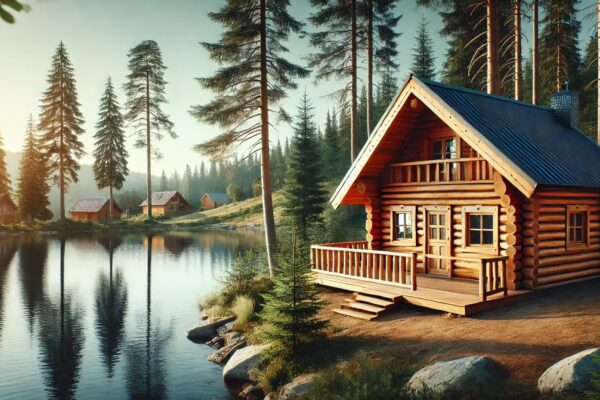 Drvena brvnara uz jezero, okružena borovima, u planinskom krajoliku pri zalasku sunca